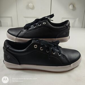 Big Boy Kids' SPERRY Lace-Up Tuck LTT Black Leather Sneakers US Size 5M